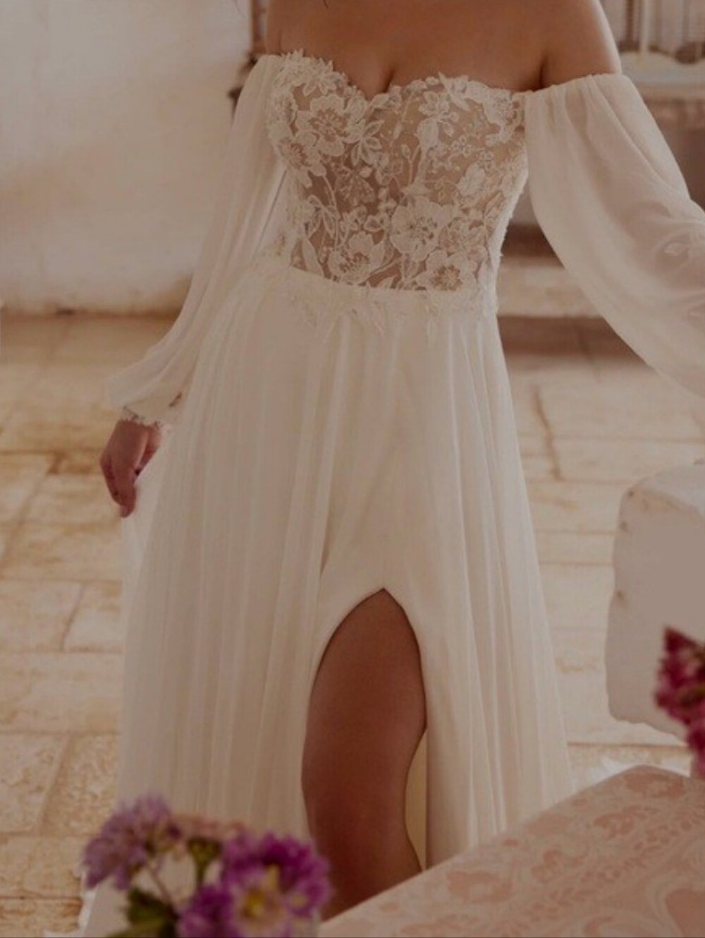Lillian West Wedding Gown‎ Off the Shoulder Style 66228 With Slit Ethereal Boho - Picture 5 of 16